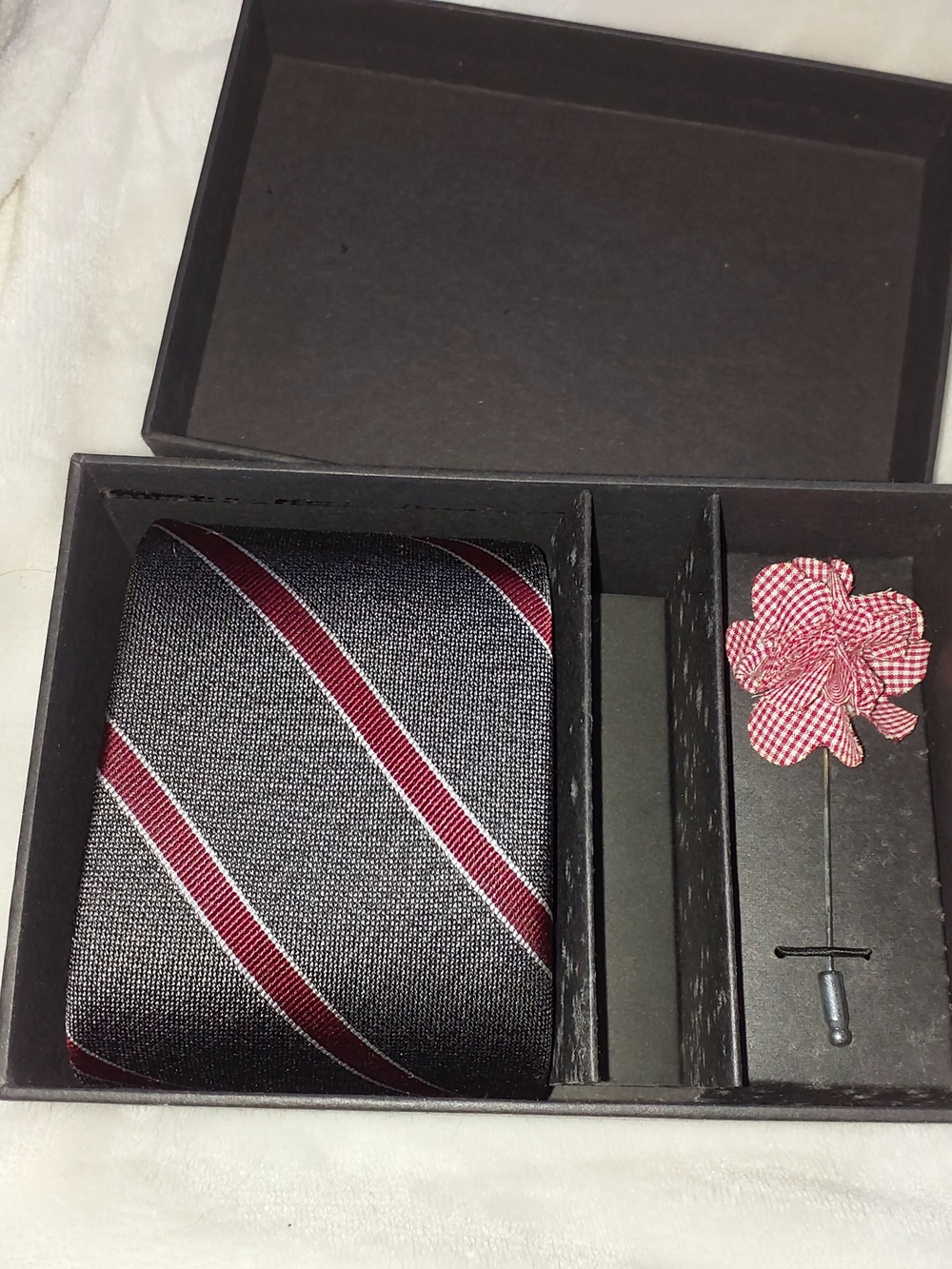 Men's Black and Burgundy Striped Tie with Matching Lapel Pin